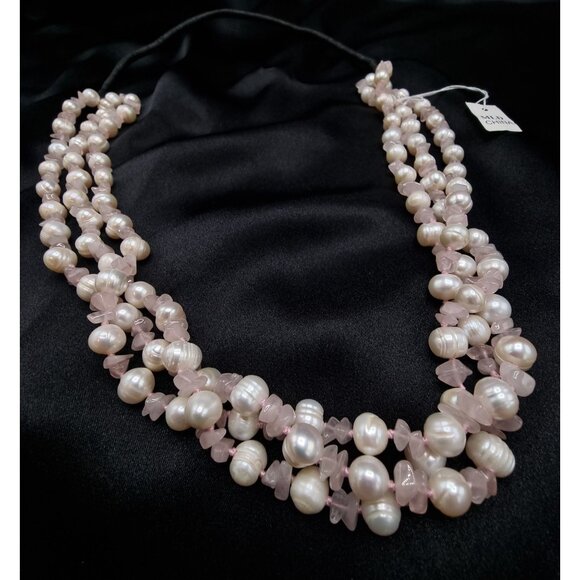 MLD Signed Freshwater Pearl & Rose Quartz Triple Strand Necklace - Picture 3 of 5